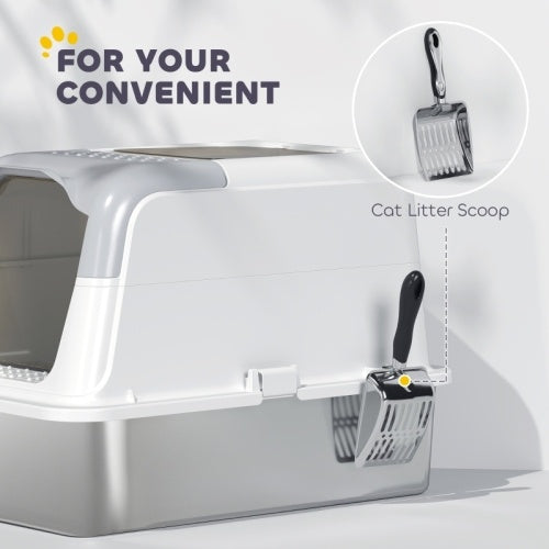 PawHut Extra Large Stainless Steel Litter Box, Enclosed Cat Litter Tray With Scoop, Deodorizer Bag, Front-Entry And Top-Exit