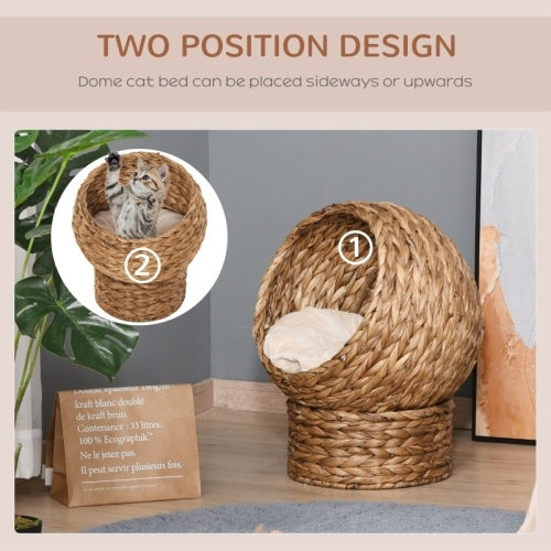 PawHut Wicker Cat Bed, Raised Rattan Cat Basket With Cylindrical Base, Soft Washable Cushion, 50 X 42 X 60 Cm - Brown