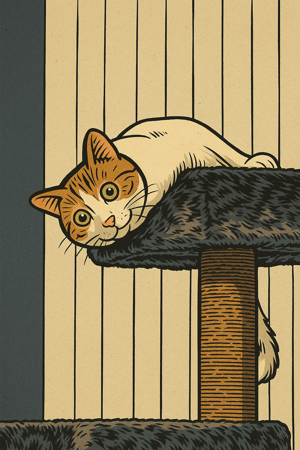 Illustration of a cat climbing a scratching post with a striped wall in the background